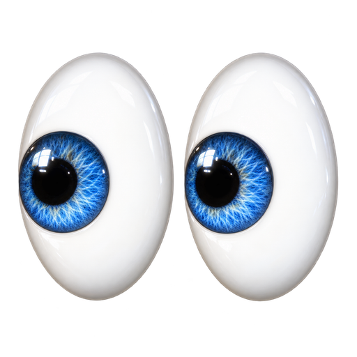Two glossy eyes with piercing blue irises, looking sideways